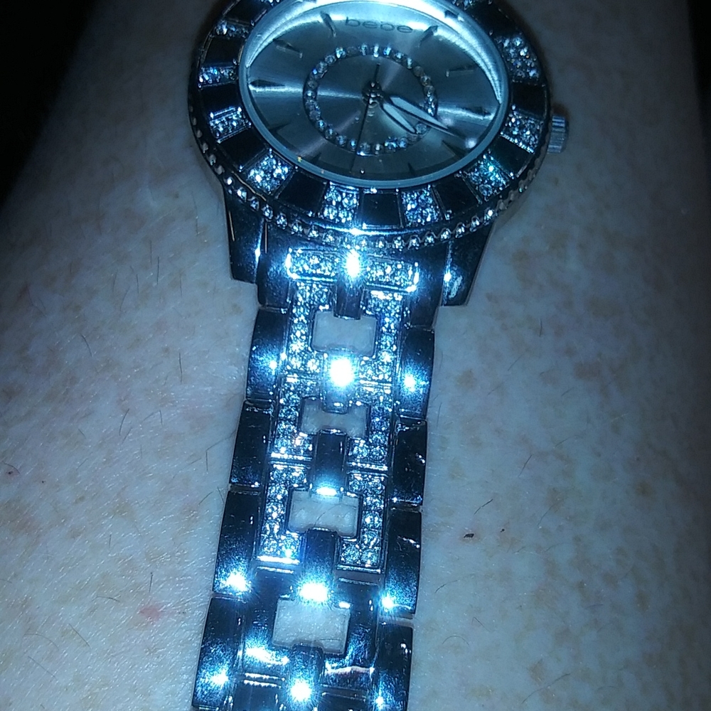 Bebe Rhinestone & Stainless Steel Sparkly Watch For Small Wrist W/Extra Links - Picture 7 of 14